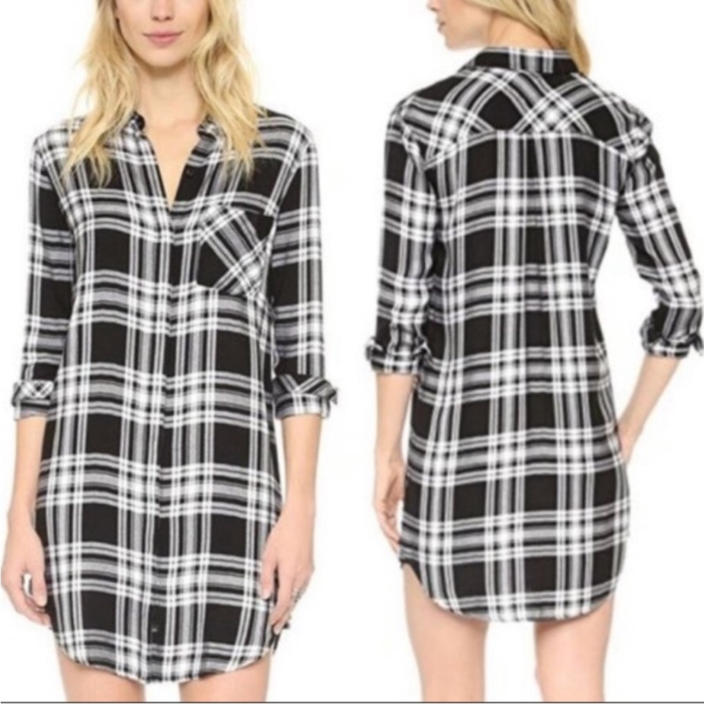 RAILS Sawyer Tunic Shirt Dress Flannel Long Length Ebony and White Plaid Medium